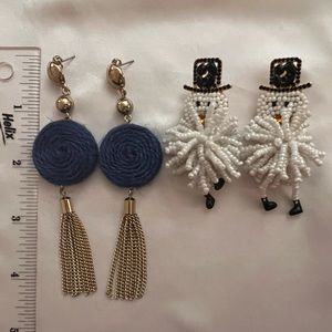 2 pairs of winter theme beaded snowman and blue wool drop statement earrings